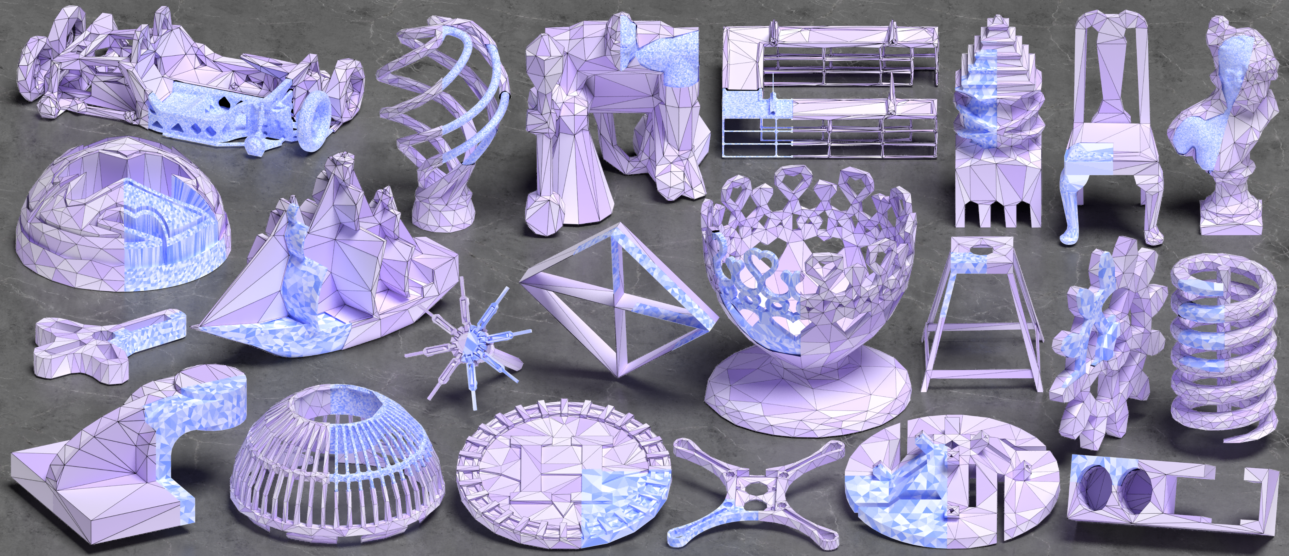 Gallery of cages generated by PR-Cage on representative models from Thingi10K and ABC
